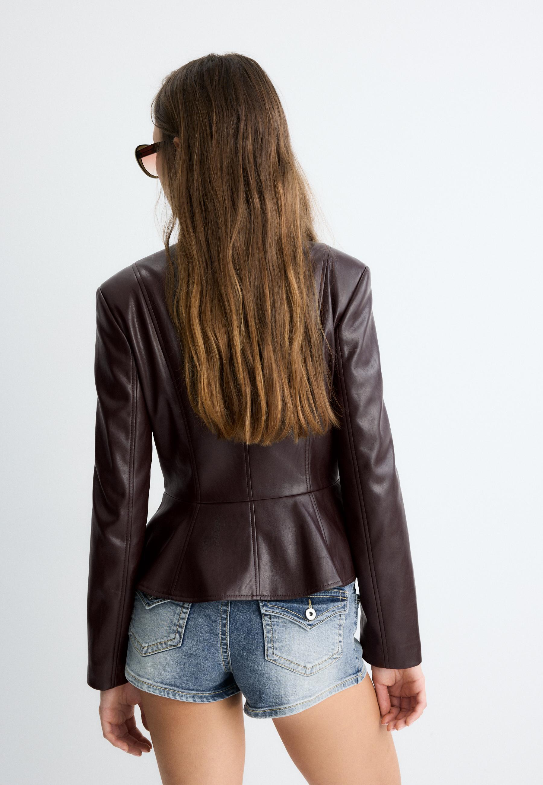 Collarless leather effect peplum blazer — Brown