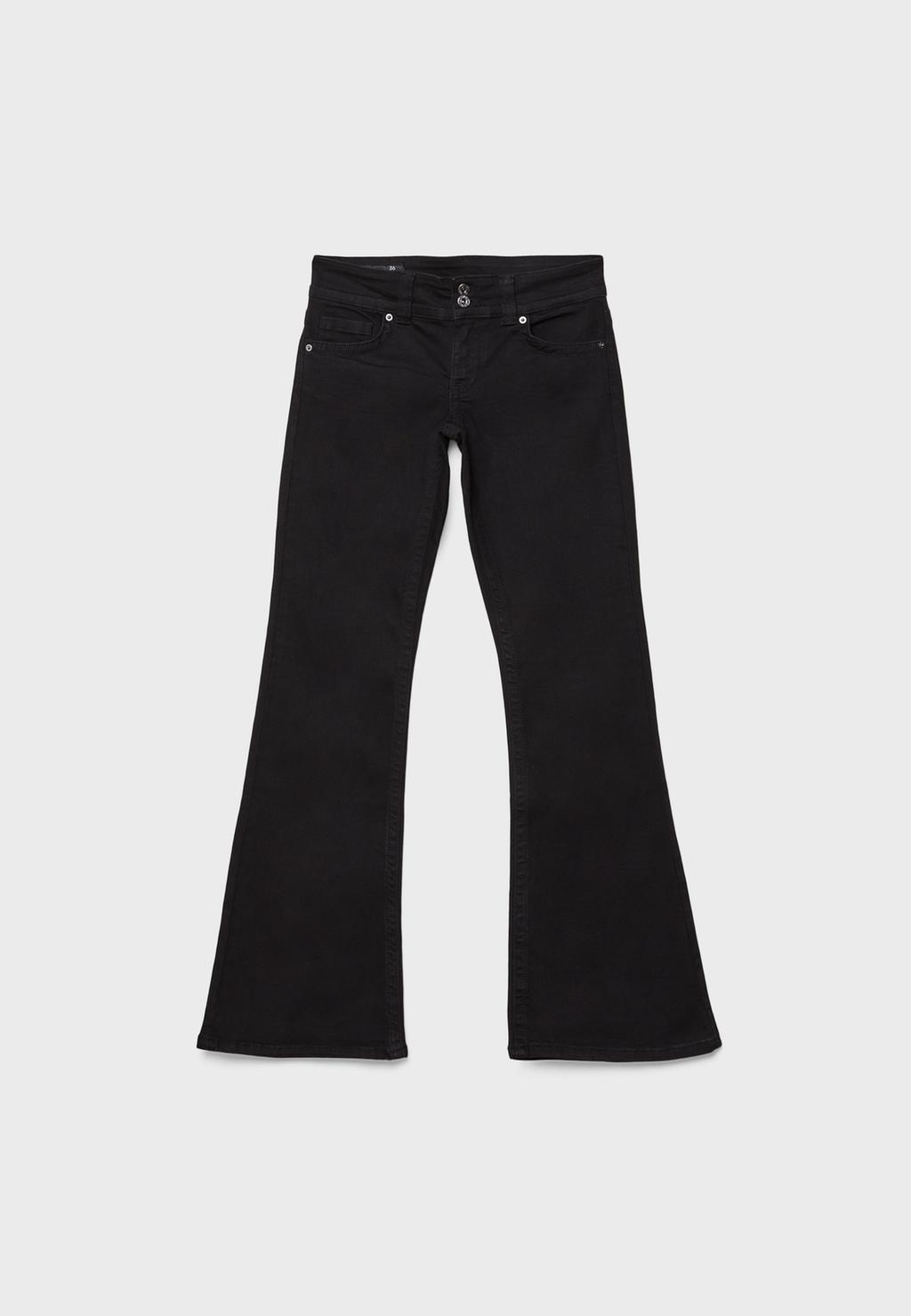 Low-rise bell bottom jeans with two metal buttons