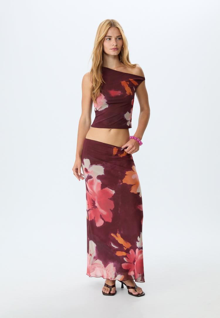 Stradivarius Asymetrické Tylové Tričko S Potiskem Purple Xs