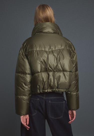 Shiny high neck cropped puffer jacket — Khaki 5