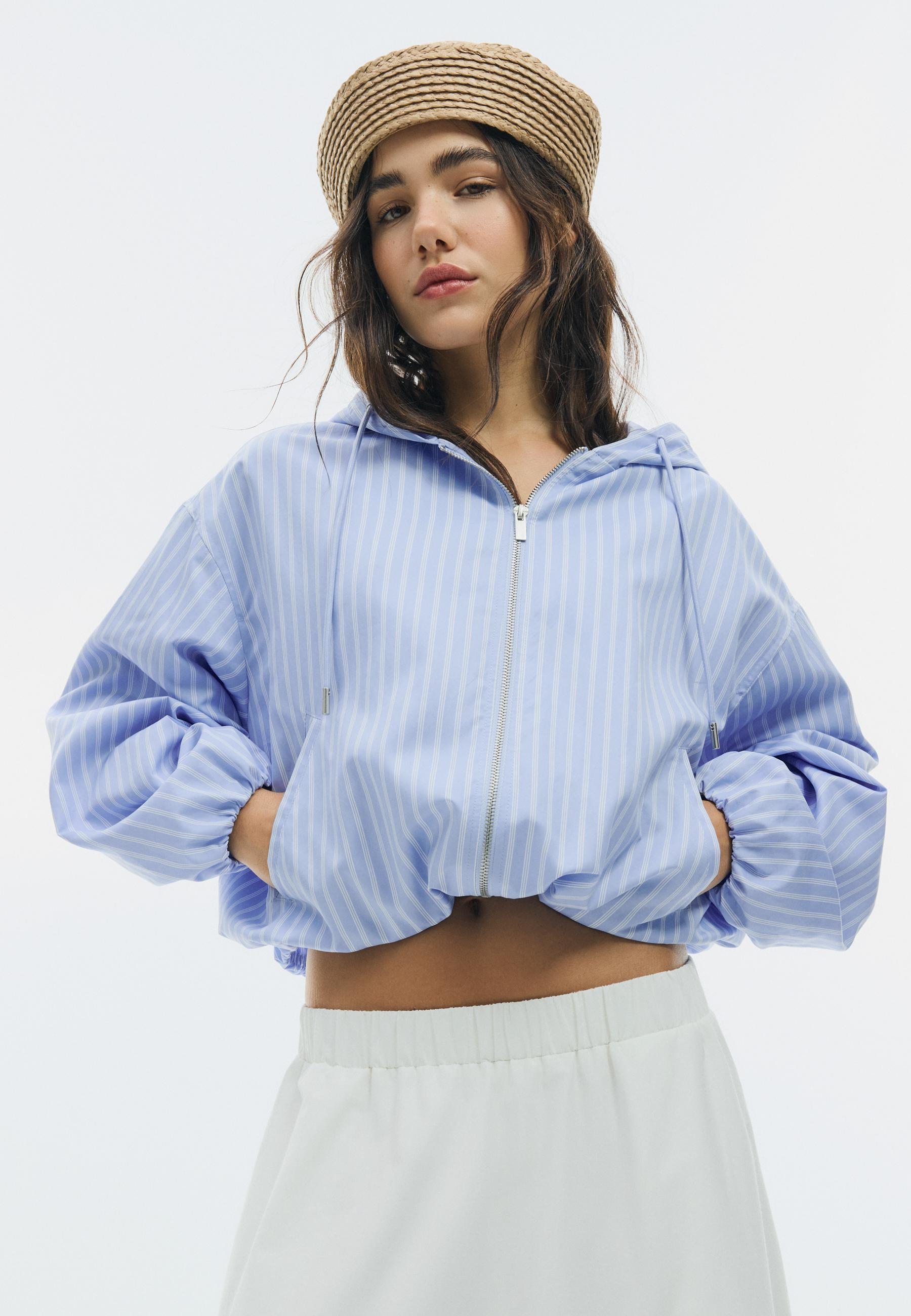Basic striped nylon hooded jacket — Sky blue