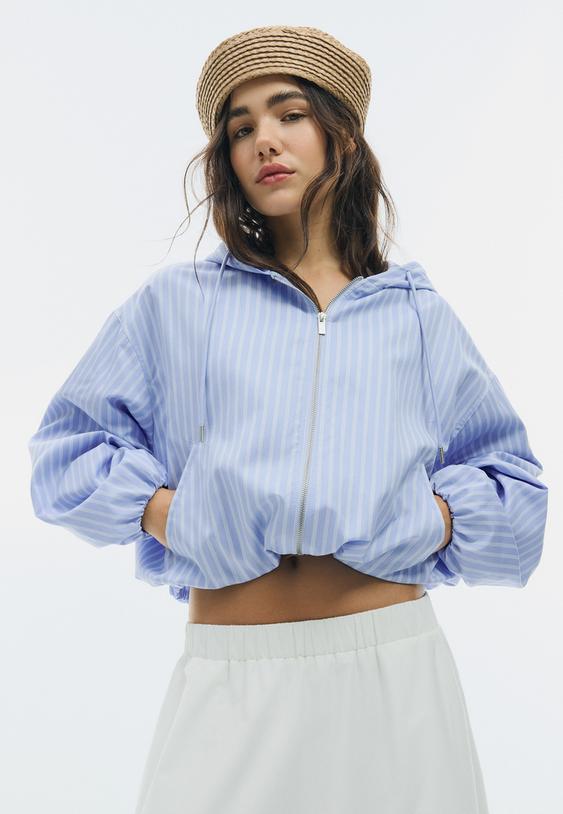 basic striped nylon hooded jacket