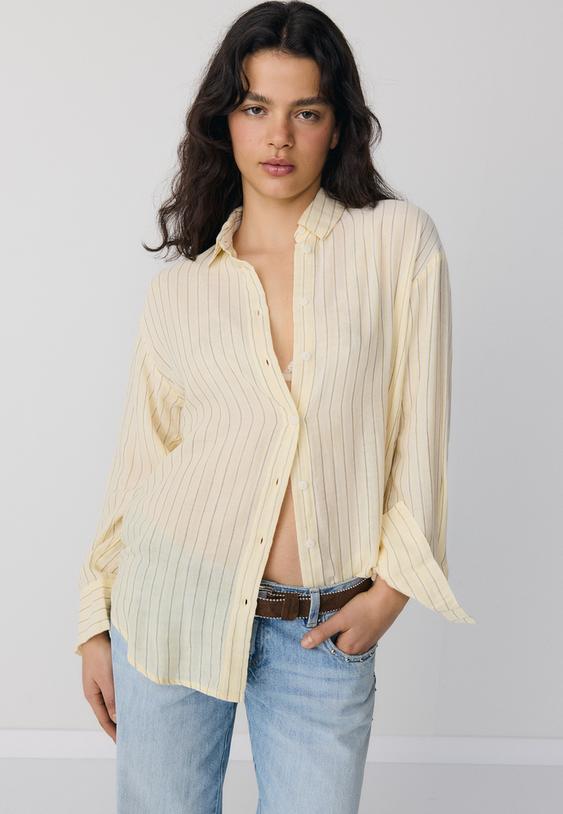 Stradivarius Basic Double Fabric Shirt Gold Xs