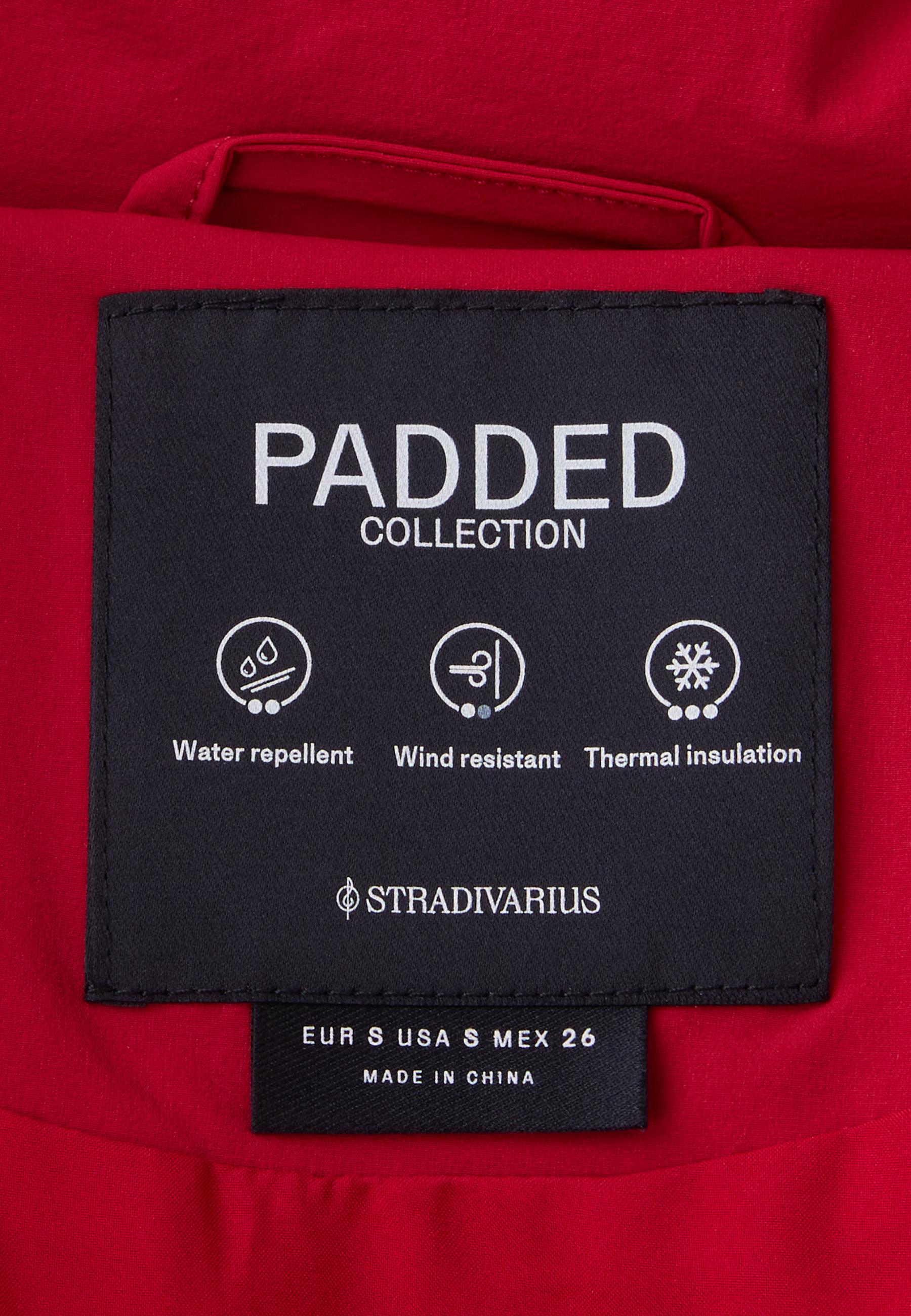 Padded jacket with high neck and gathered detail — Dark red