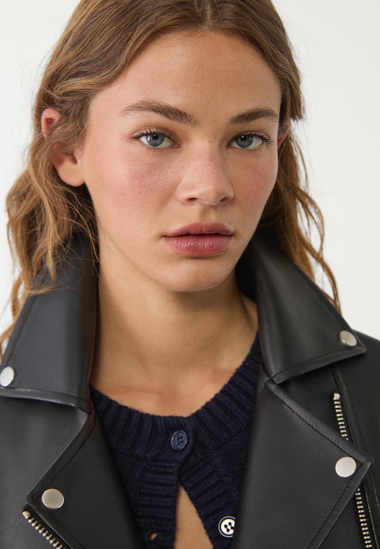oversize suni deri biker ceket
