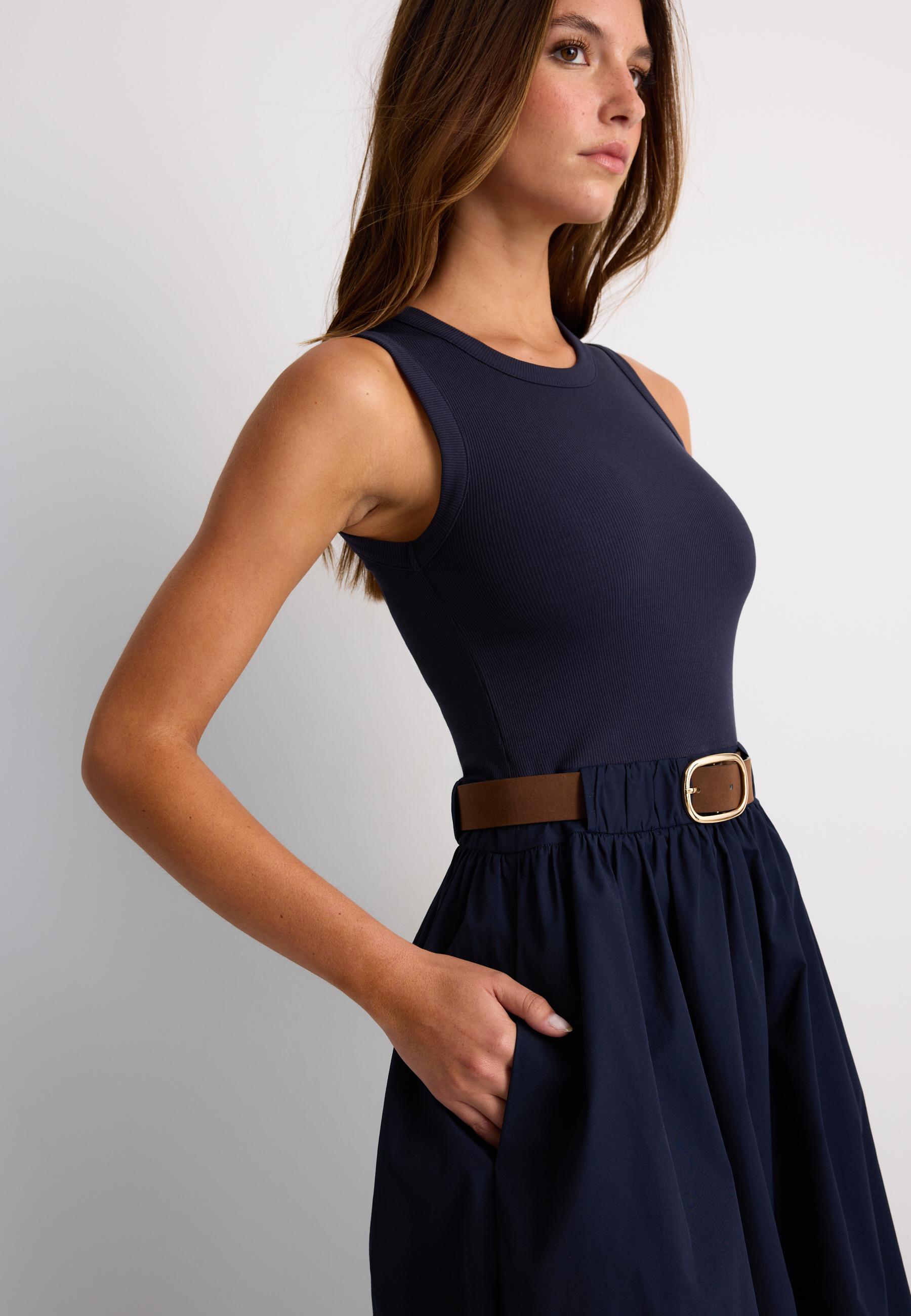 Two-material sleeveless midi dress with belt — Dark blue