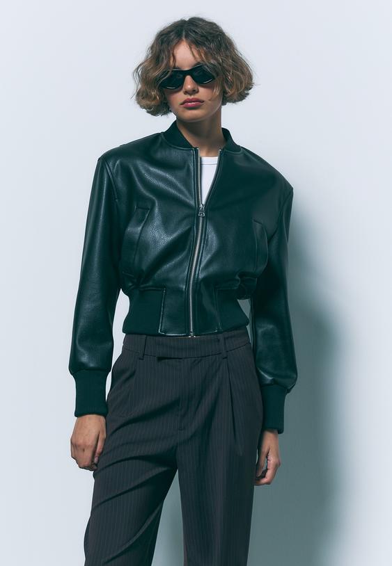 giubbotto bomber effetto pelle con spalline