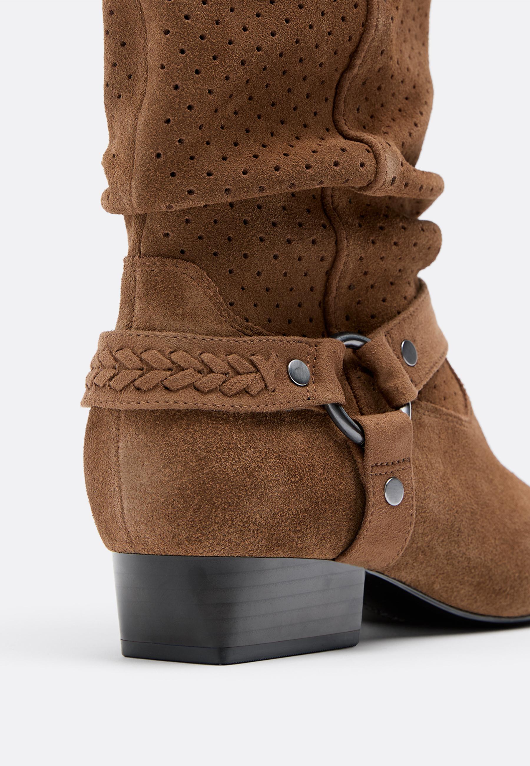 Slouchy openwork leather cowboy ankle boots — BROWN
