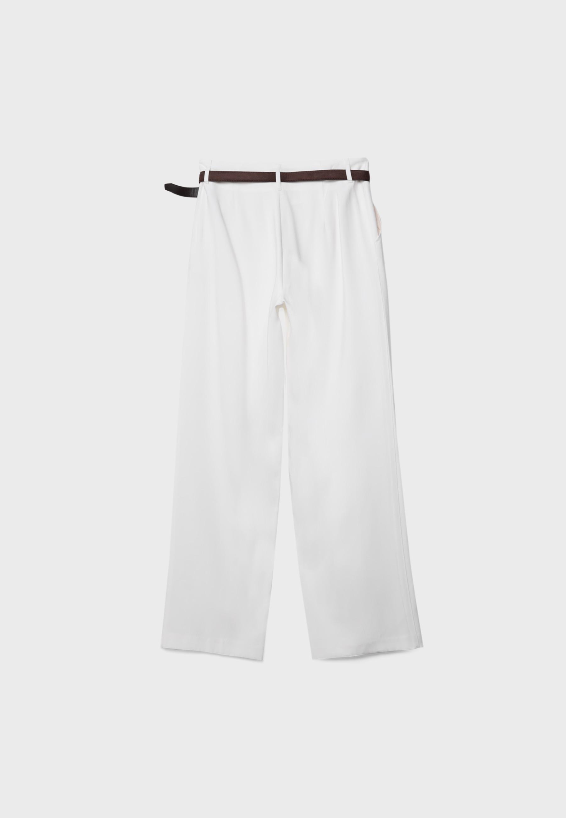 Düz kesim dökümlü kemerli pantolon - Görsel 8