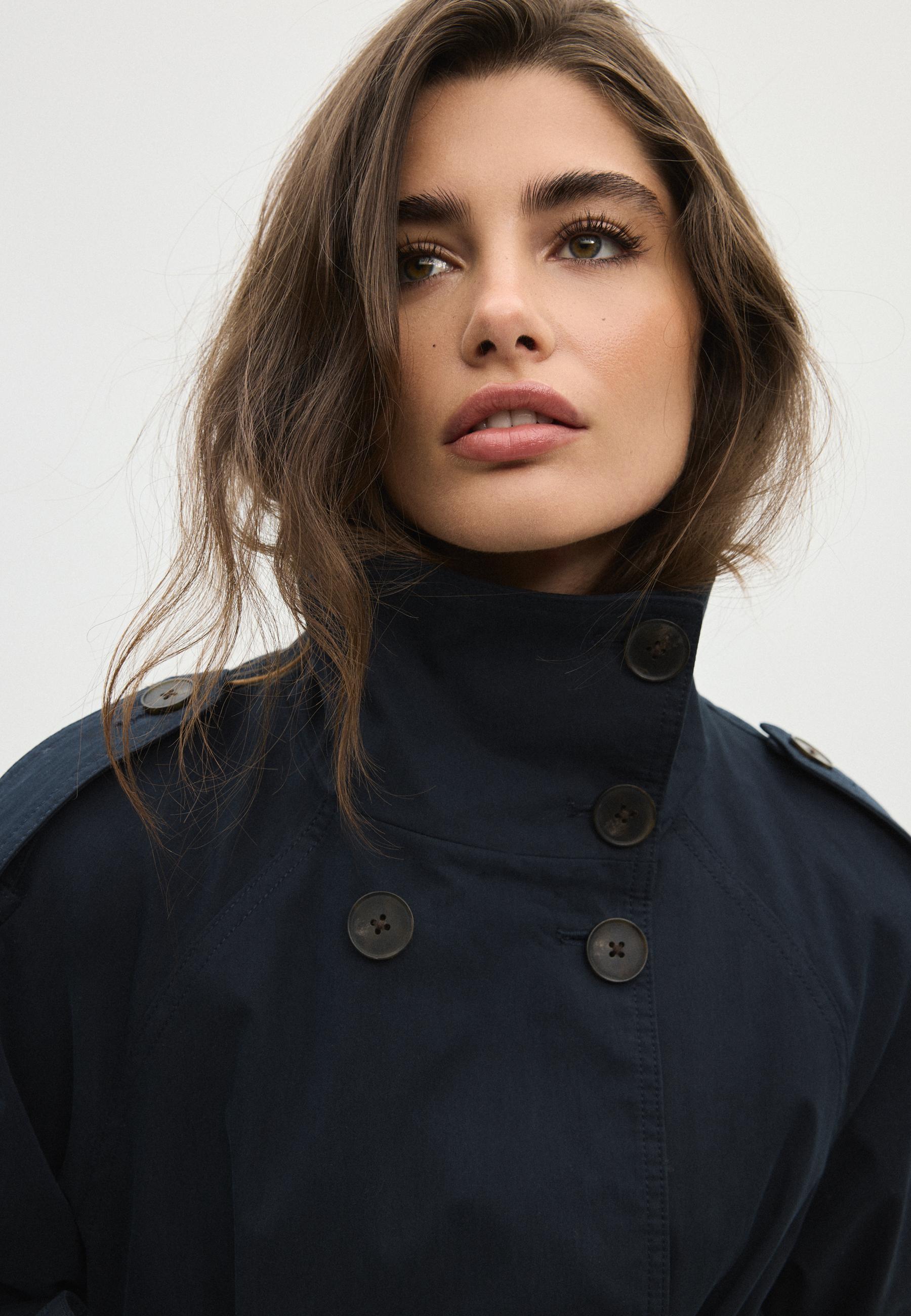 High neck belted trench coat — Dark blue