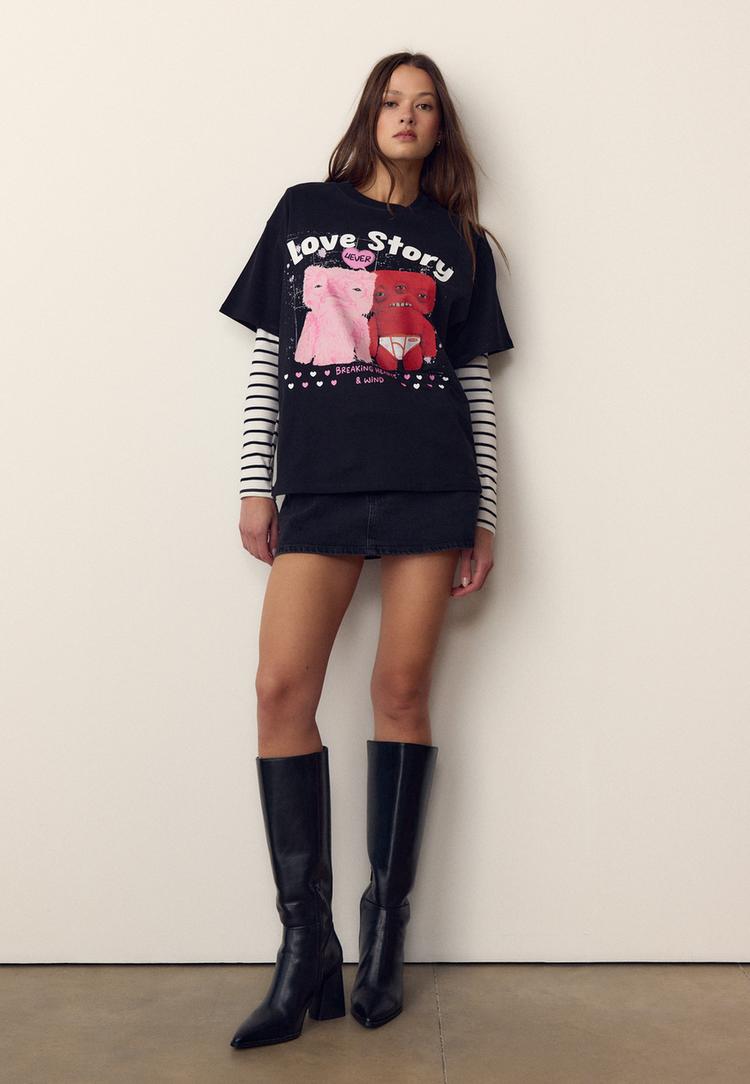 Stradivarius Oversize Μπλούζα Με Τύπωμα Μαύρο L