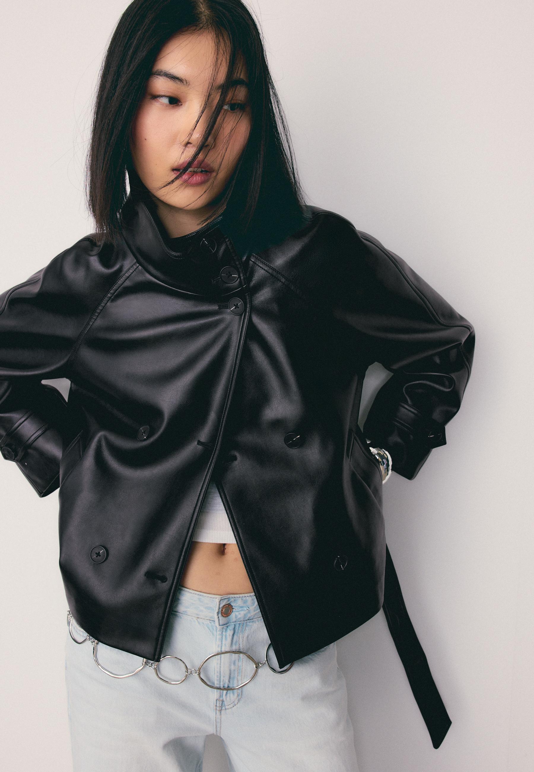 High neck leather effect trench coat - Women's fashion