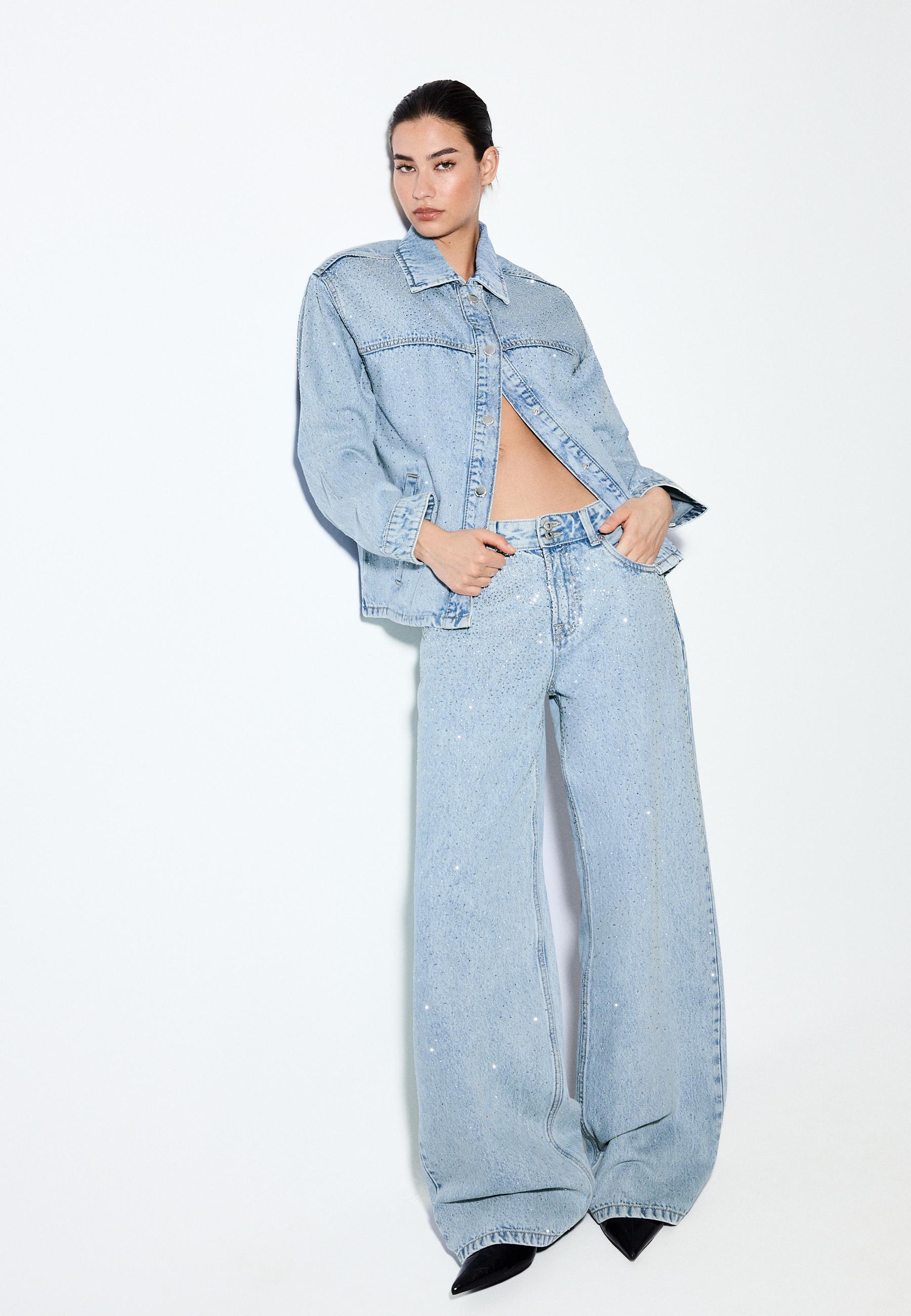 Denim jacket with patch pockets and rhinestones — MEDIUM LIGHT BLUE DENIM