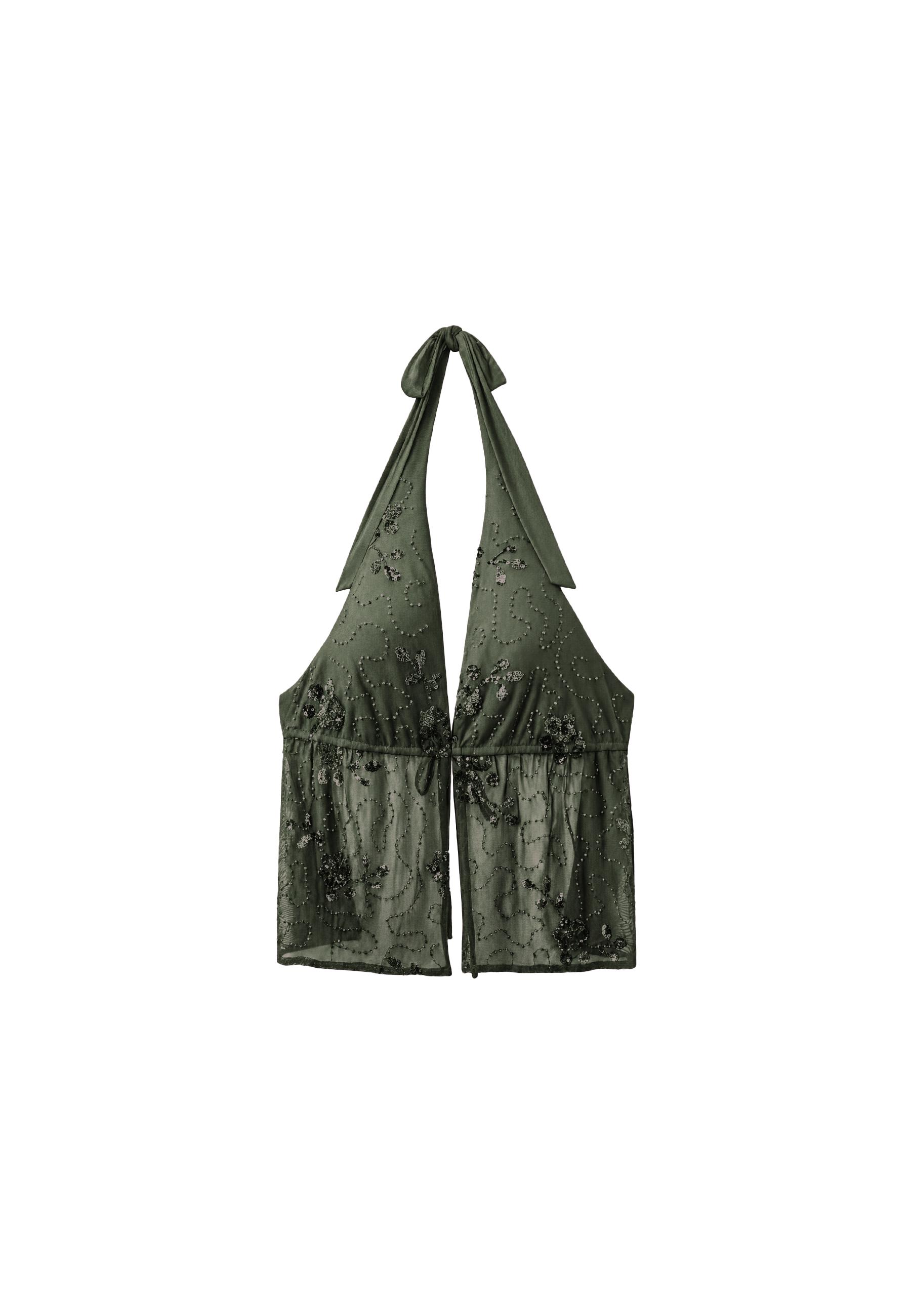 Embroidered halter top with rhinestones — Khaki