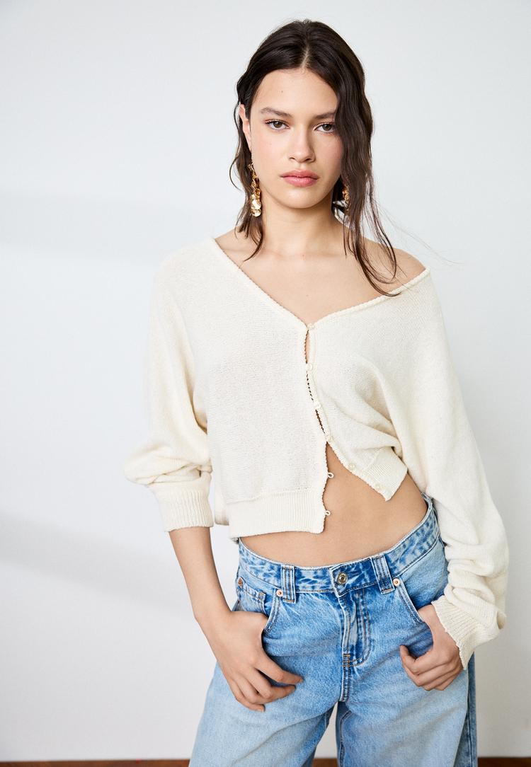 Stradivarius Πλεκτή Ζακέτα Με Μανίκια Νυχτερίδα Βανίλια S