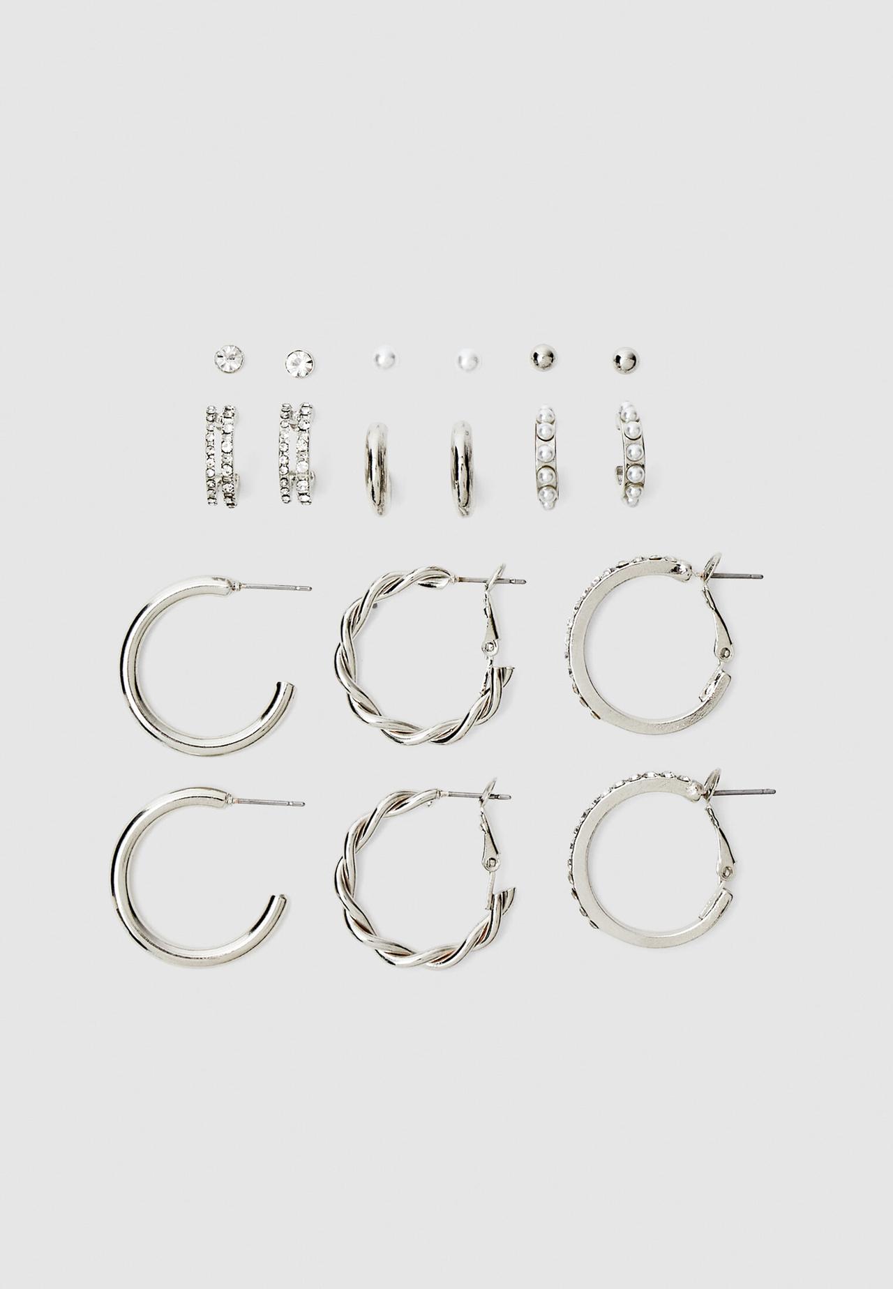 Set of 9 rhinestone and faux pearl hoop earrings — Grey
