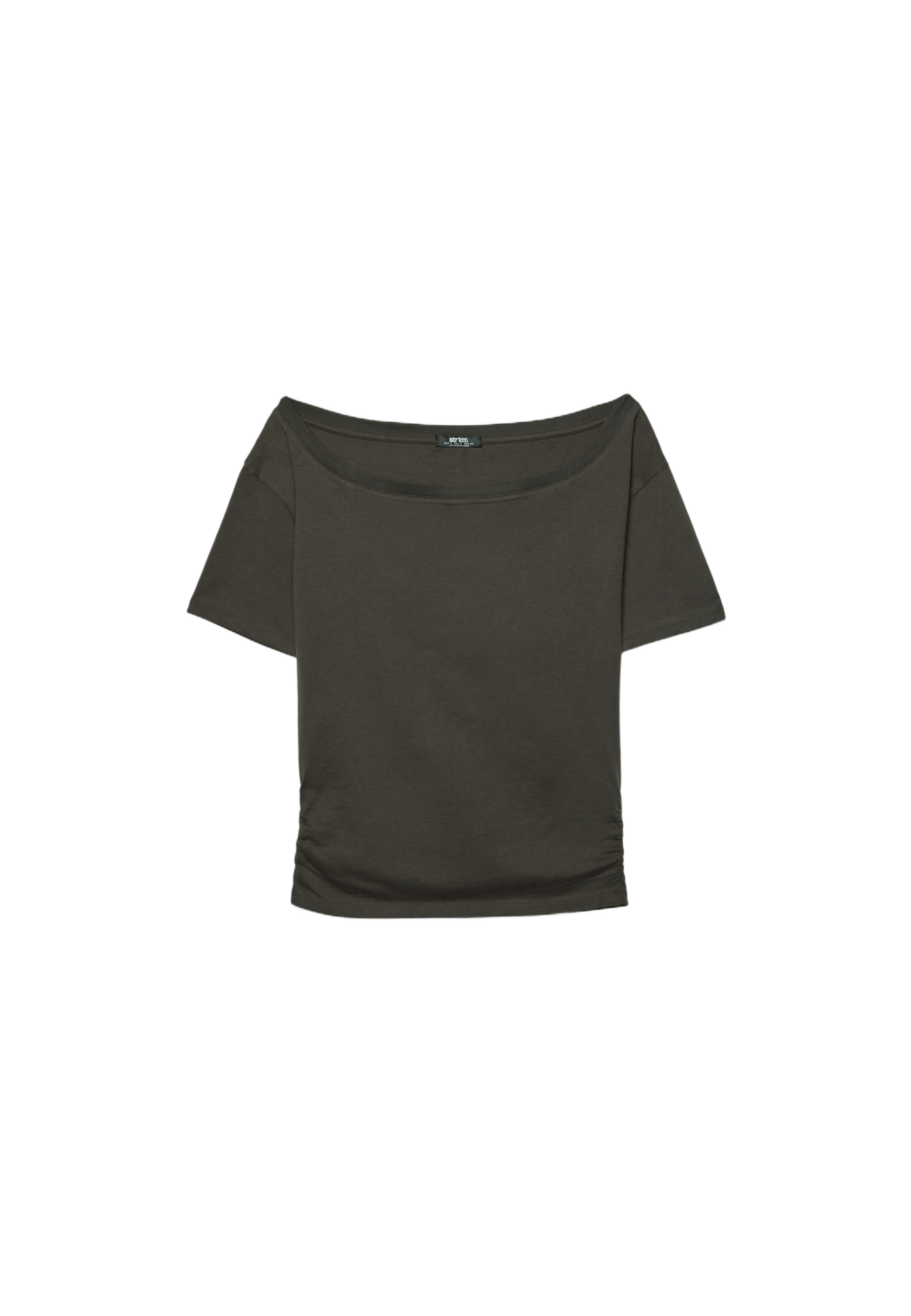Short sleeve boat neck T-shirt with gathers — Brown