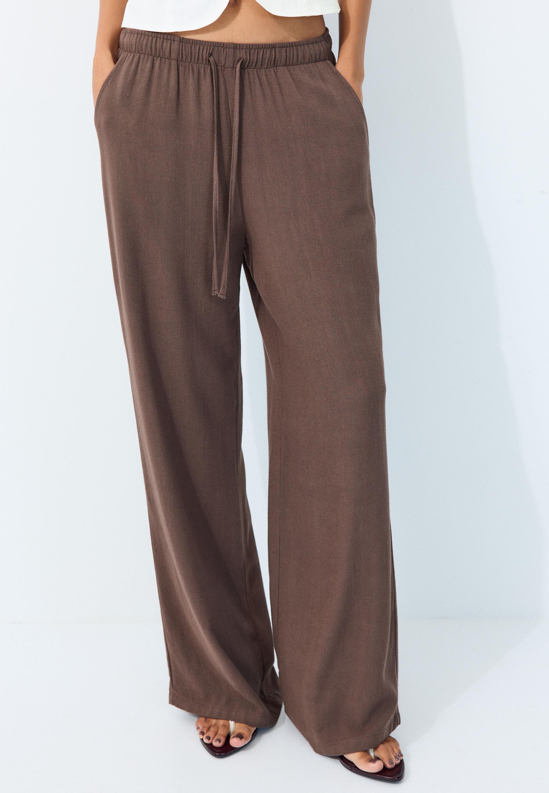 Straight-leg linen-look trousers — Brown