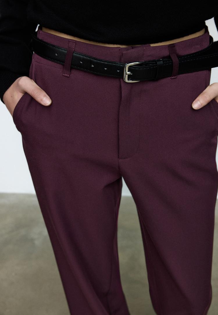 kemerli dokumlu duz kesim pantolon