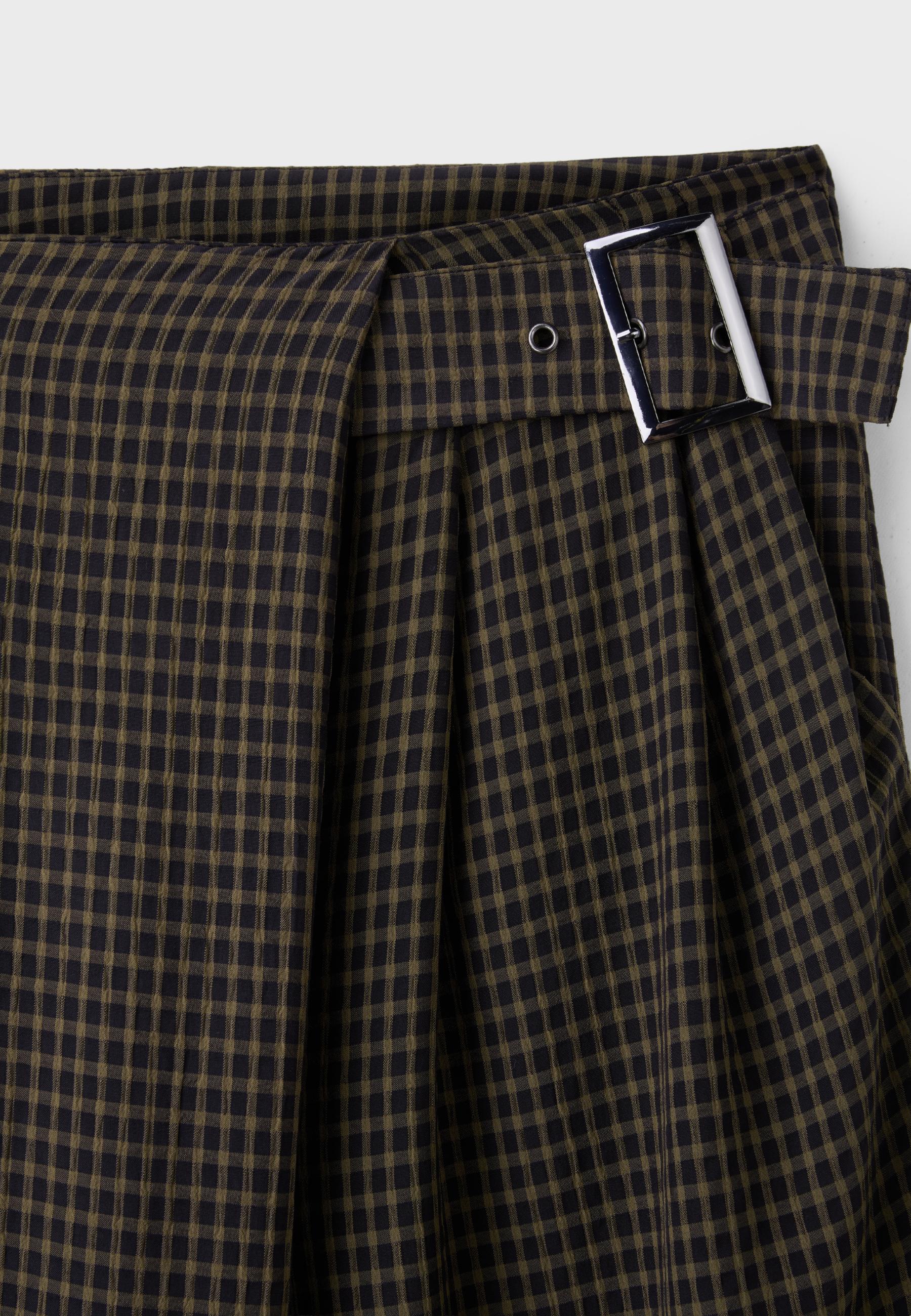 Flowing check trousers with buckle — Khaki