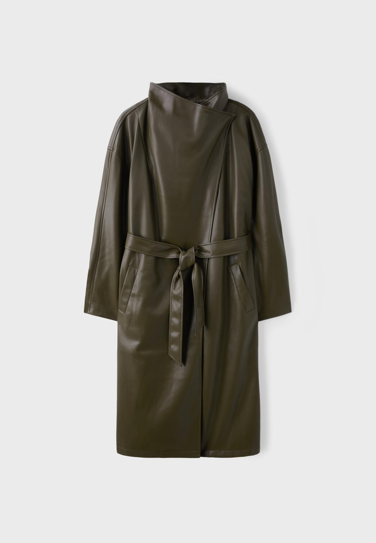Long leather effect waterfall collar trench coat — Khaki