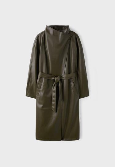 Long leather effect waterfall collar trench coat — Khaki 7