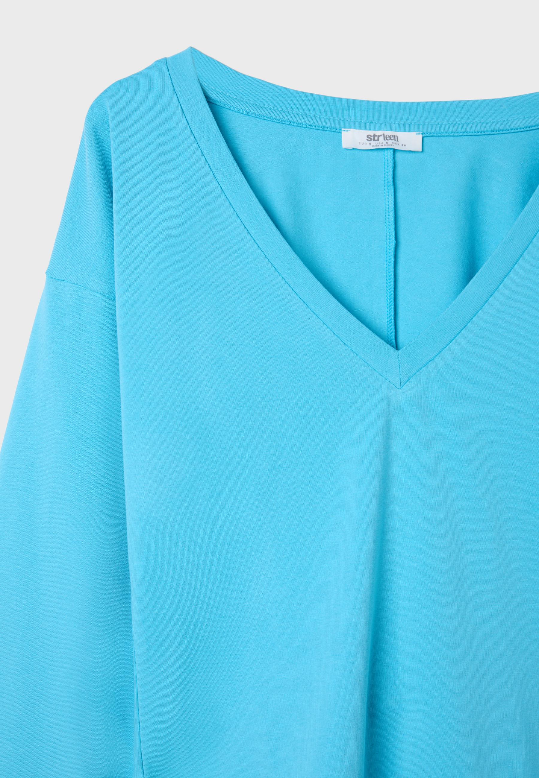 V-neck long Japanese sleeve T-shirt — Turquoise
