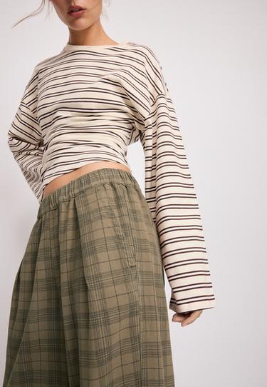 Checked wide straight-leg trousers — Beige 4