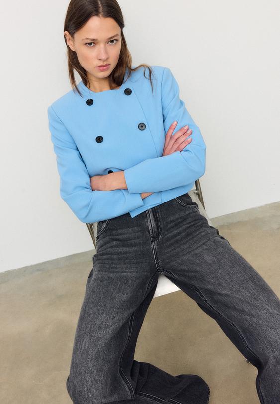 Stradivarius Cropped Round Neck Blazer Sky Blue L