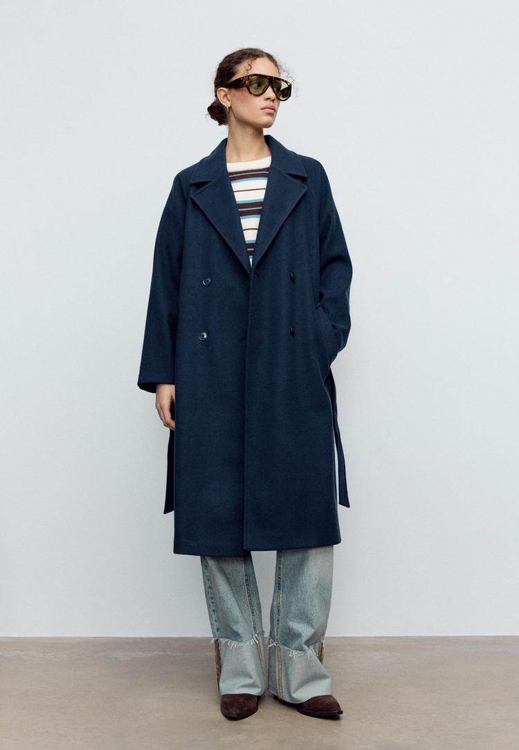 Stradivarius Παλτό Trench Με Απαλή Υφή Σκούρο Μπλε Xs