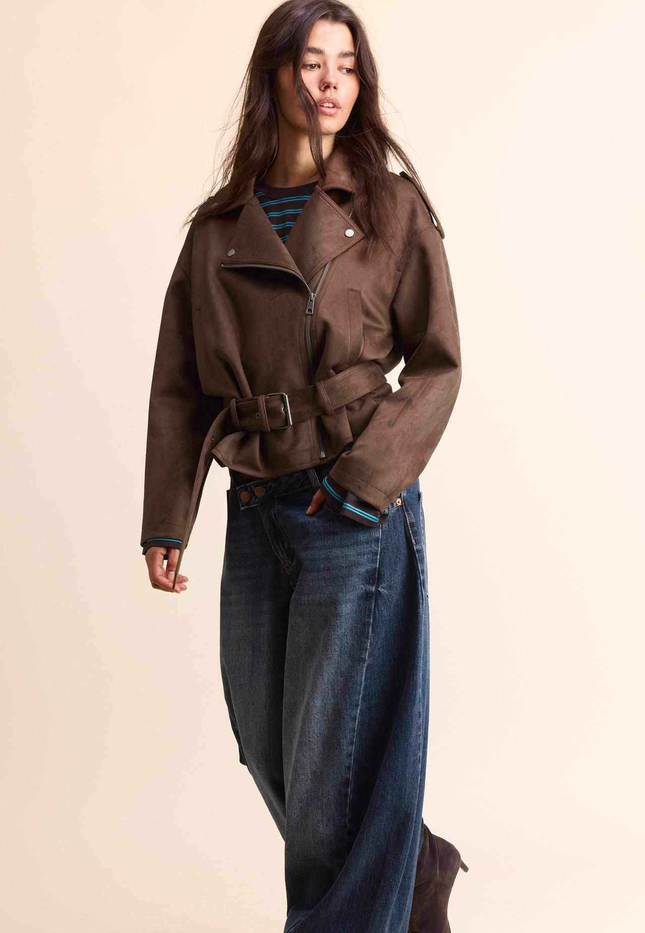 Biker jacket with belt — Brown