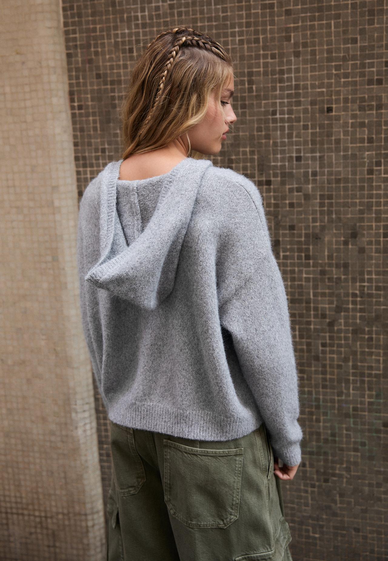 Hooded zip knit cardigan — Grey melange