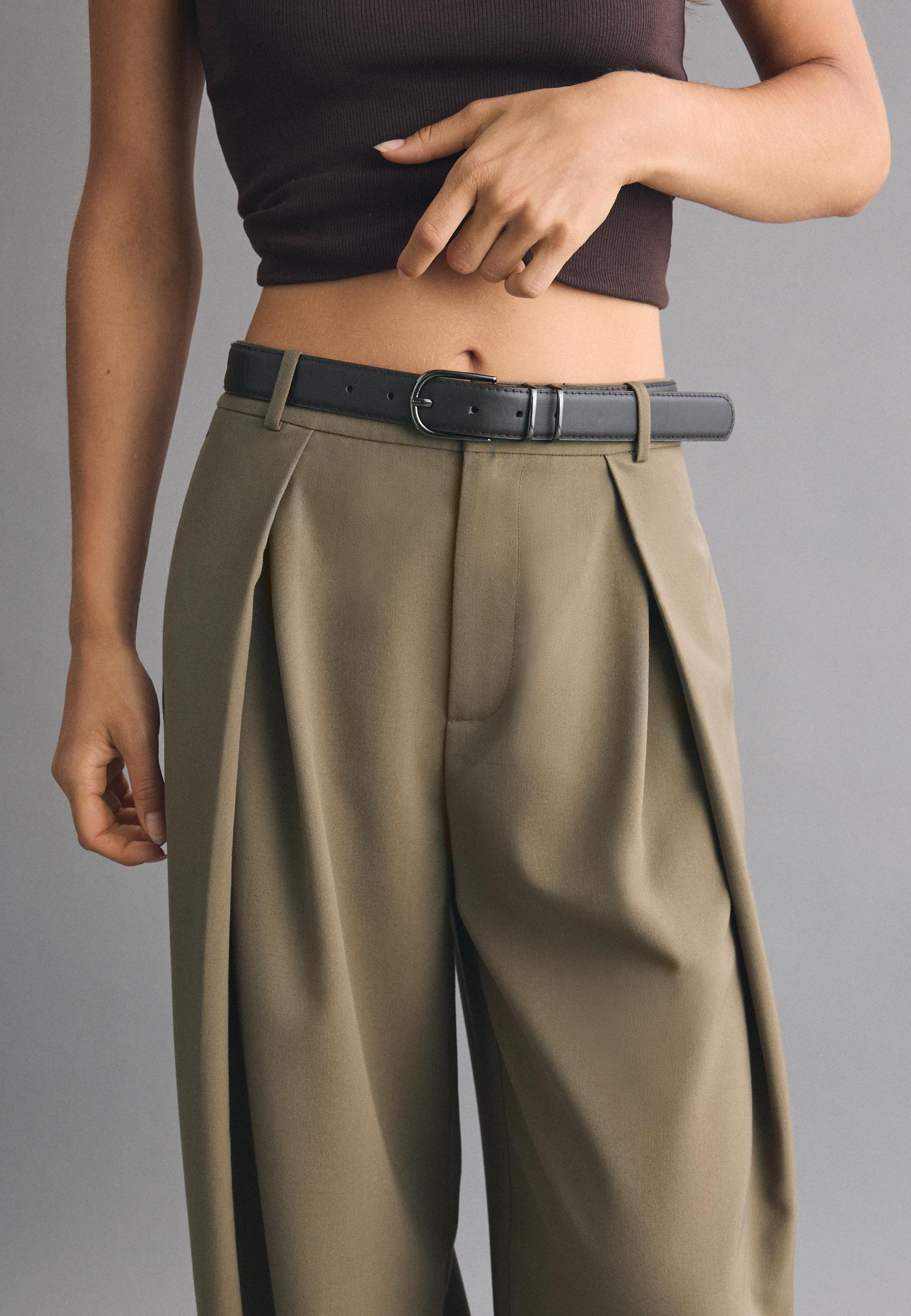 Wide-leg darted trousers with belt — Khaki