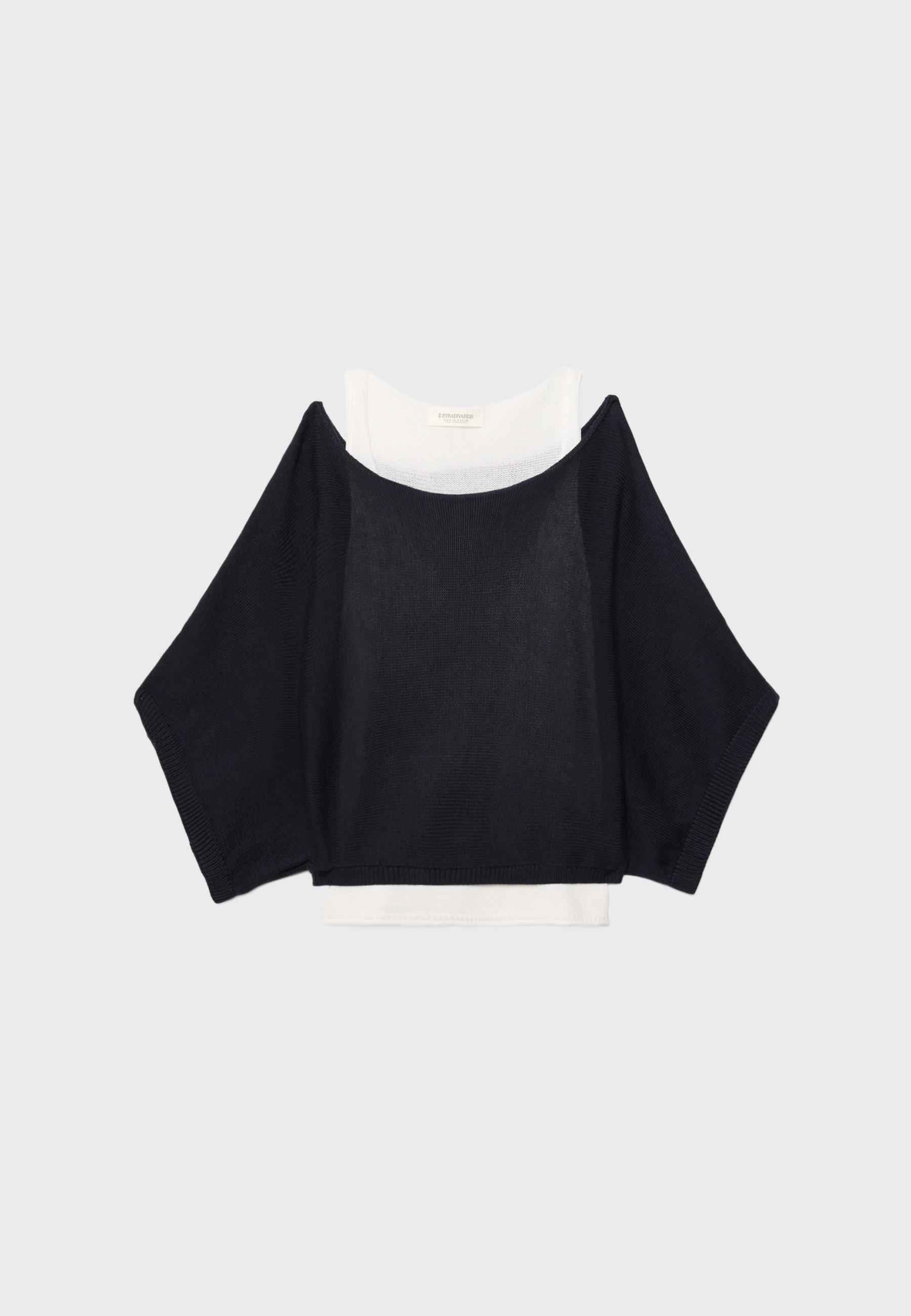 Boat neck knit jumper with overlay — Dark blue