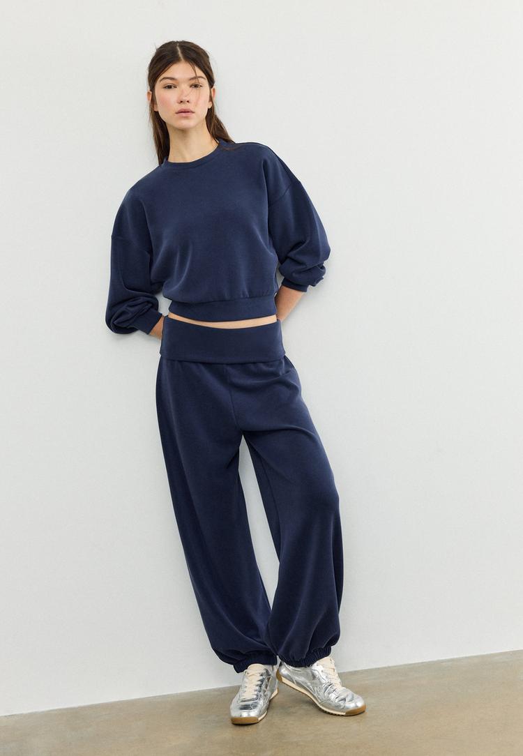 Stradivarius Hanorac Moale La Atingere, Cu Mânecă Liliac Albastru Închis Xs