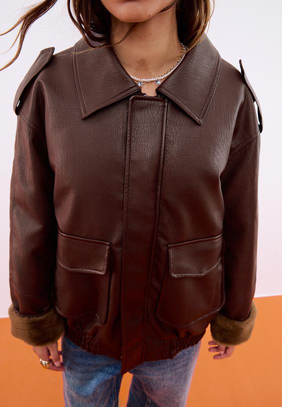 leather effect jacket with contrast collar