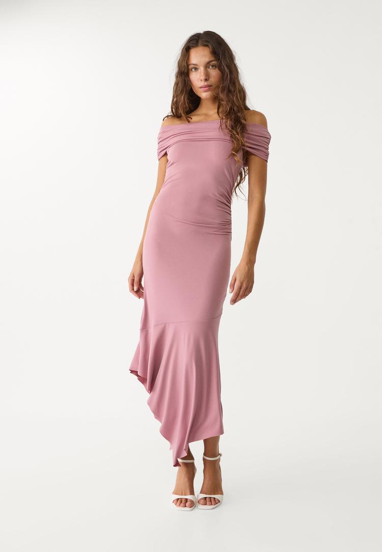vestido midi hombros descubiertos