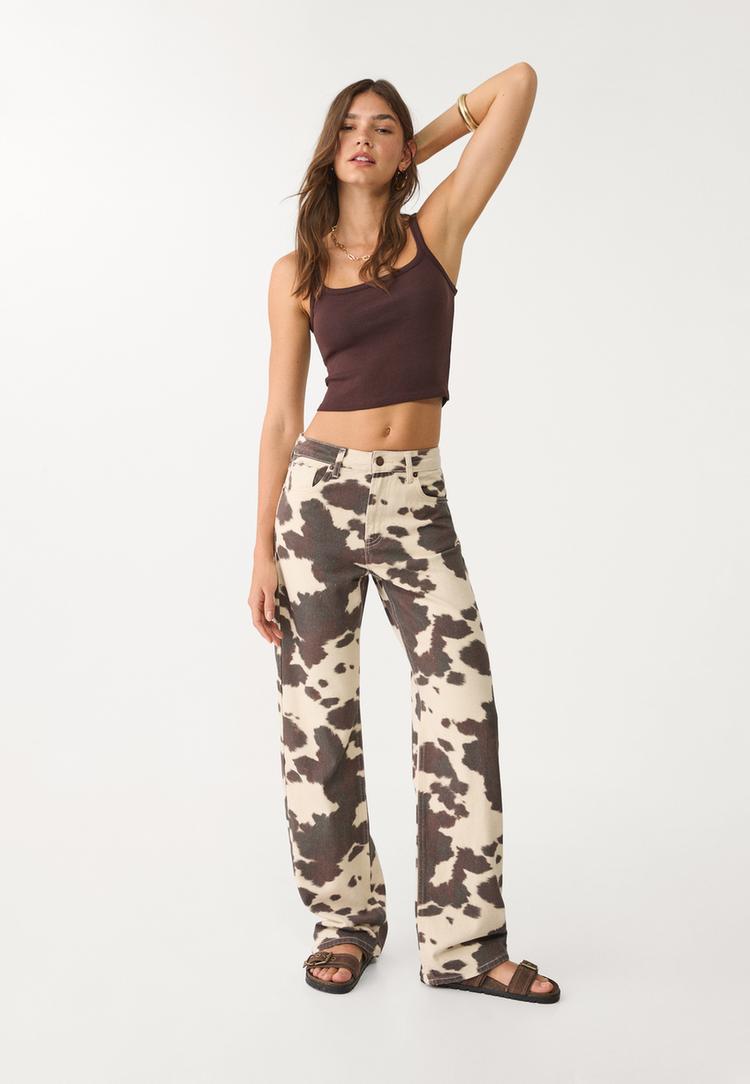 jeans straight wide estampado animal