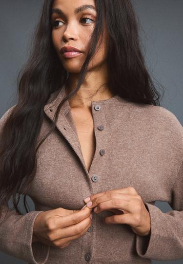 Stand collar knit cardigan — Brown 4
