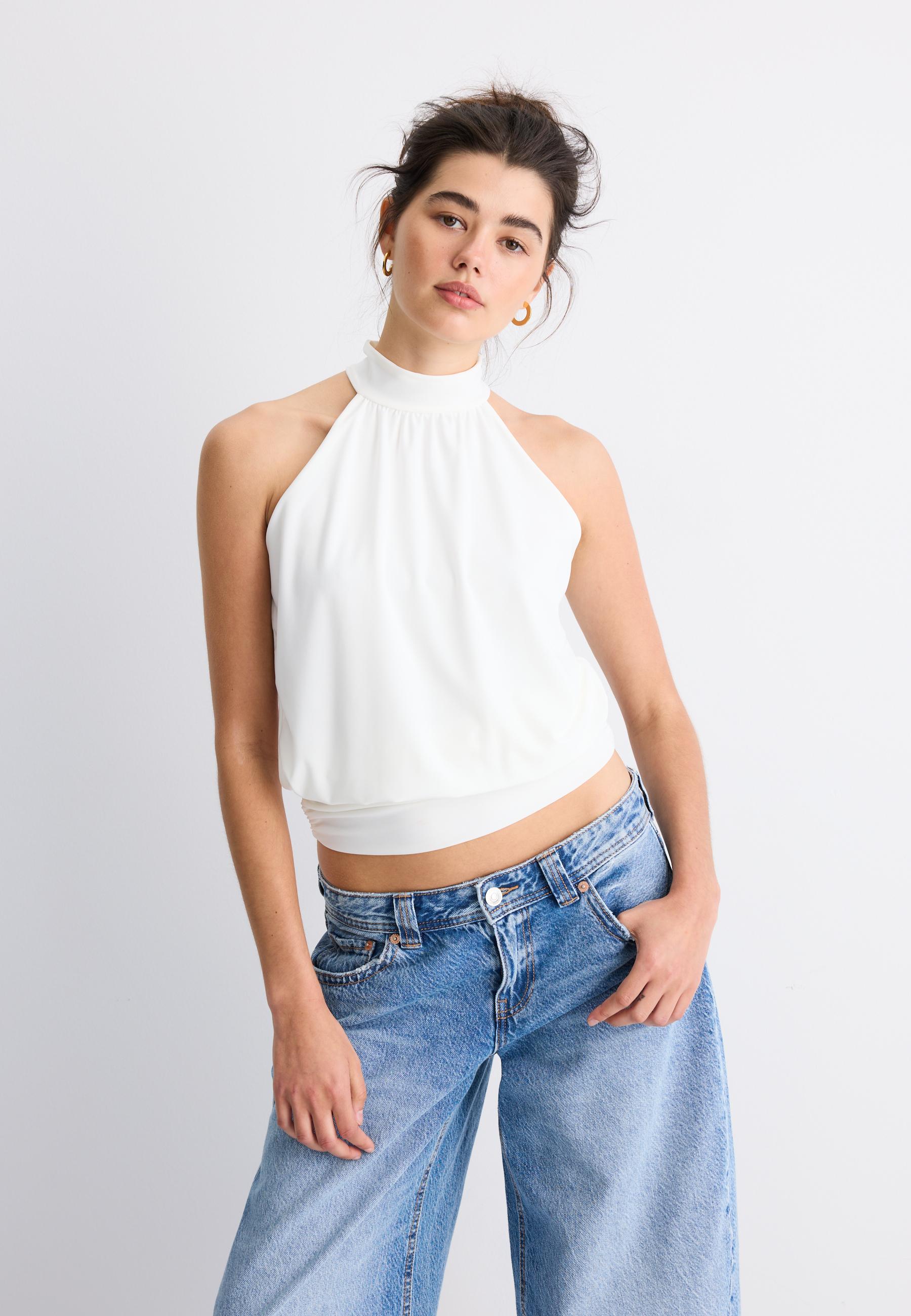 Puff-effect halter top — Ecru