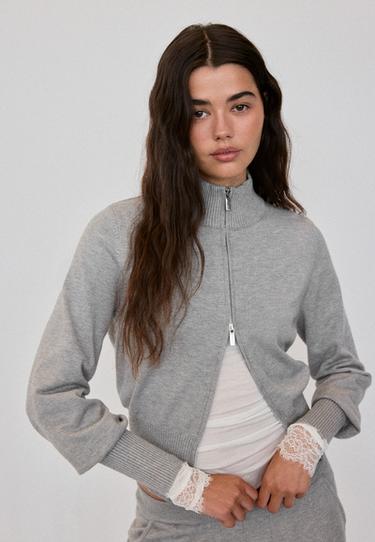Fitted zip-up knit cardigan — Grey melange 1