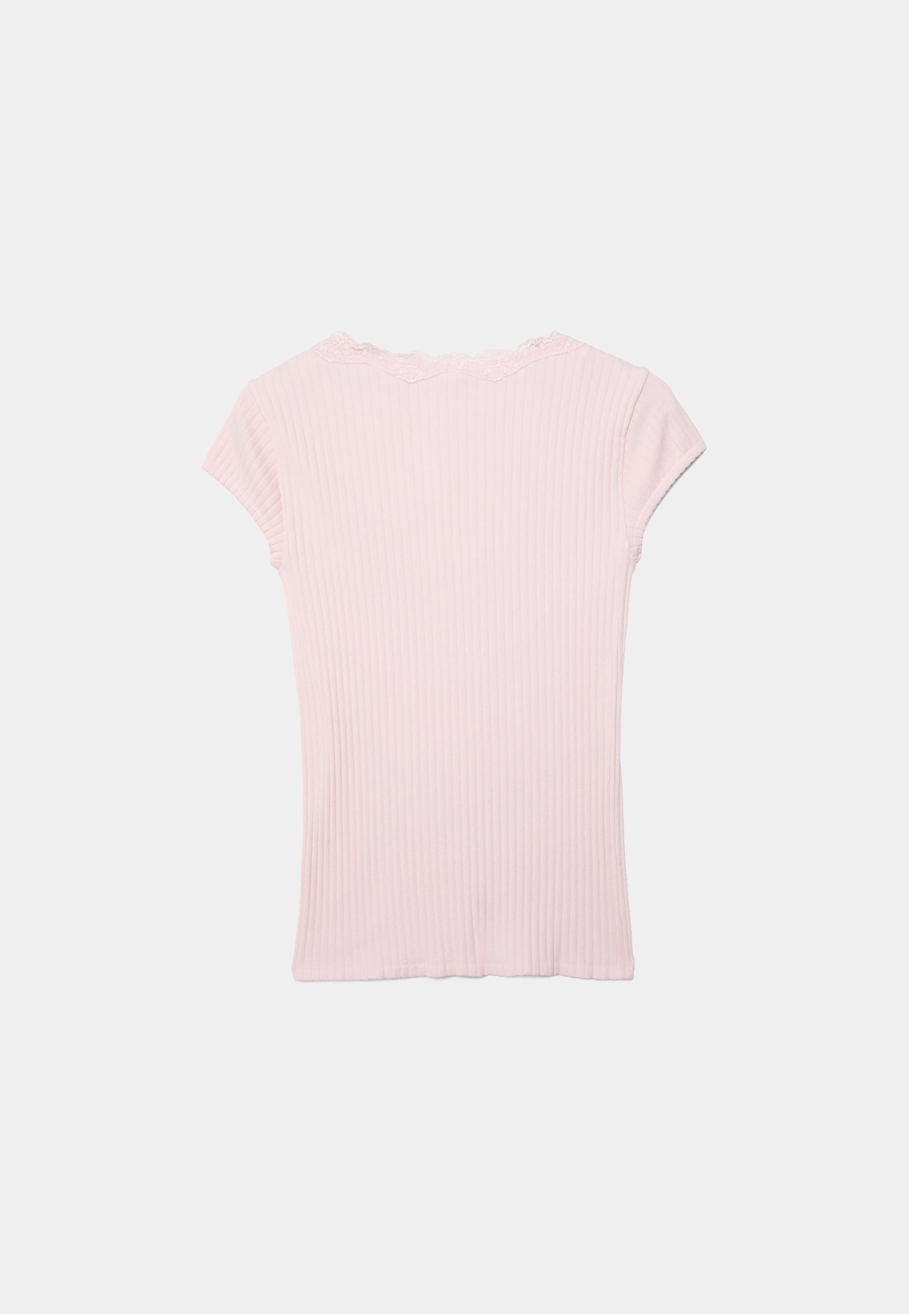 V-neck lace short sleeve T-shirt — Salmon pink