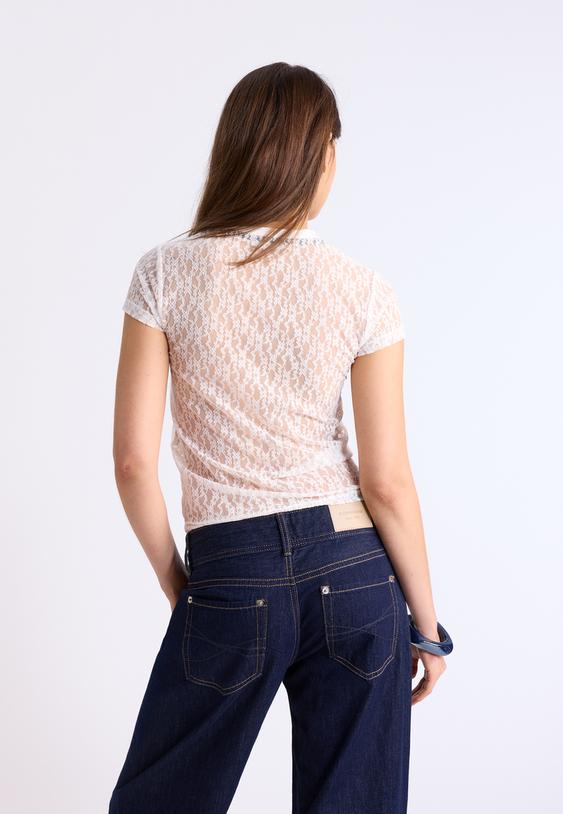 Stradivarius Fitted Lace Top With Graphic Detail Ecru Xs