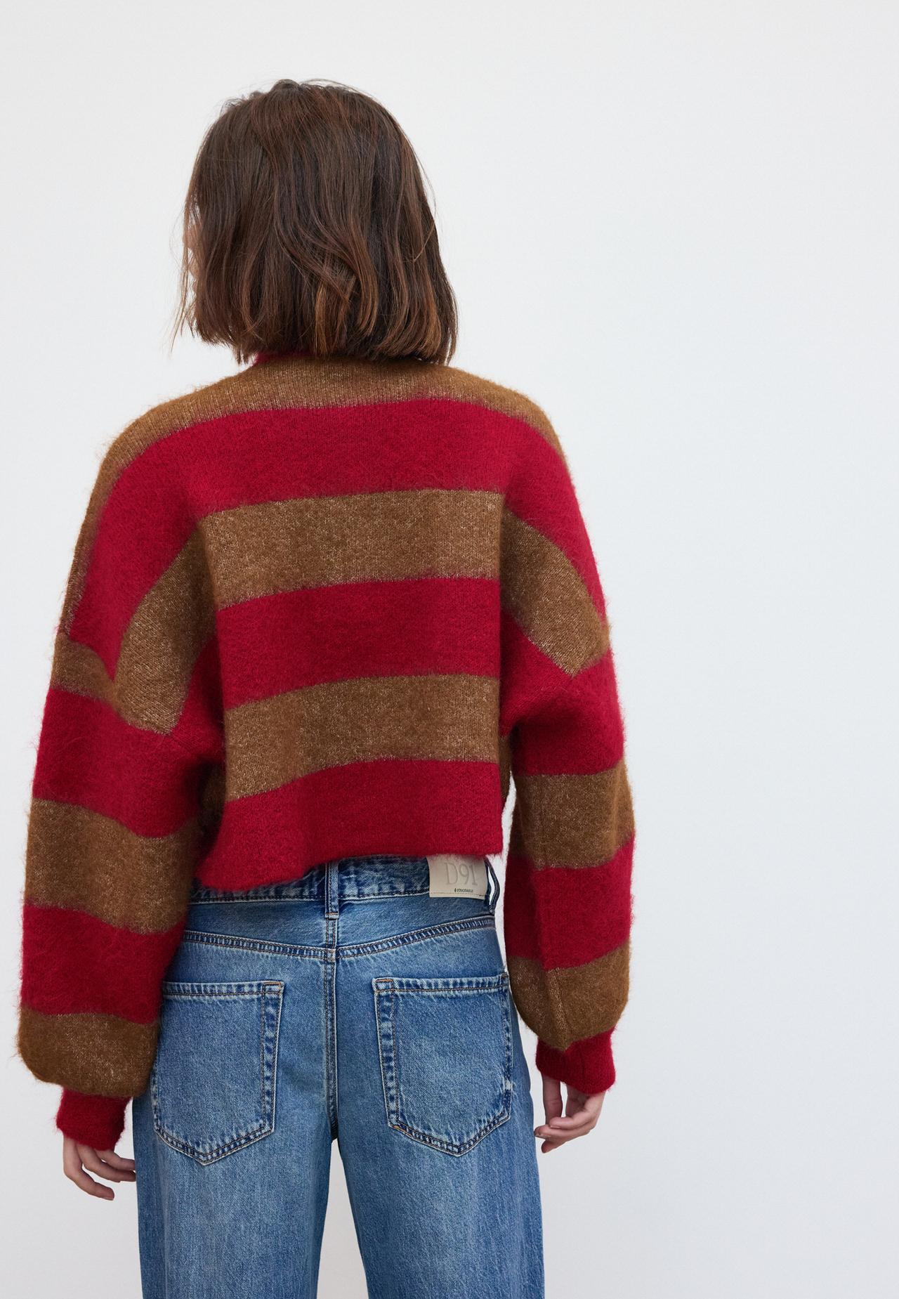 Striped funnel neck knit cardigan — Beige
