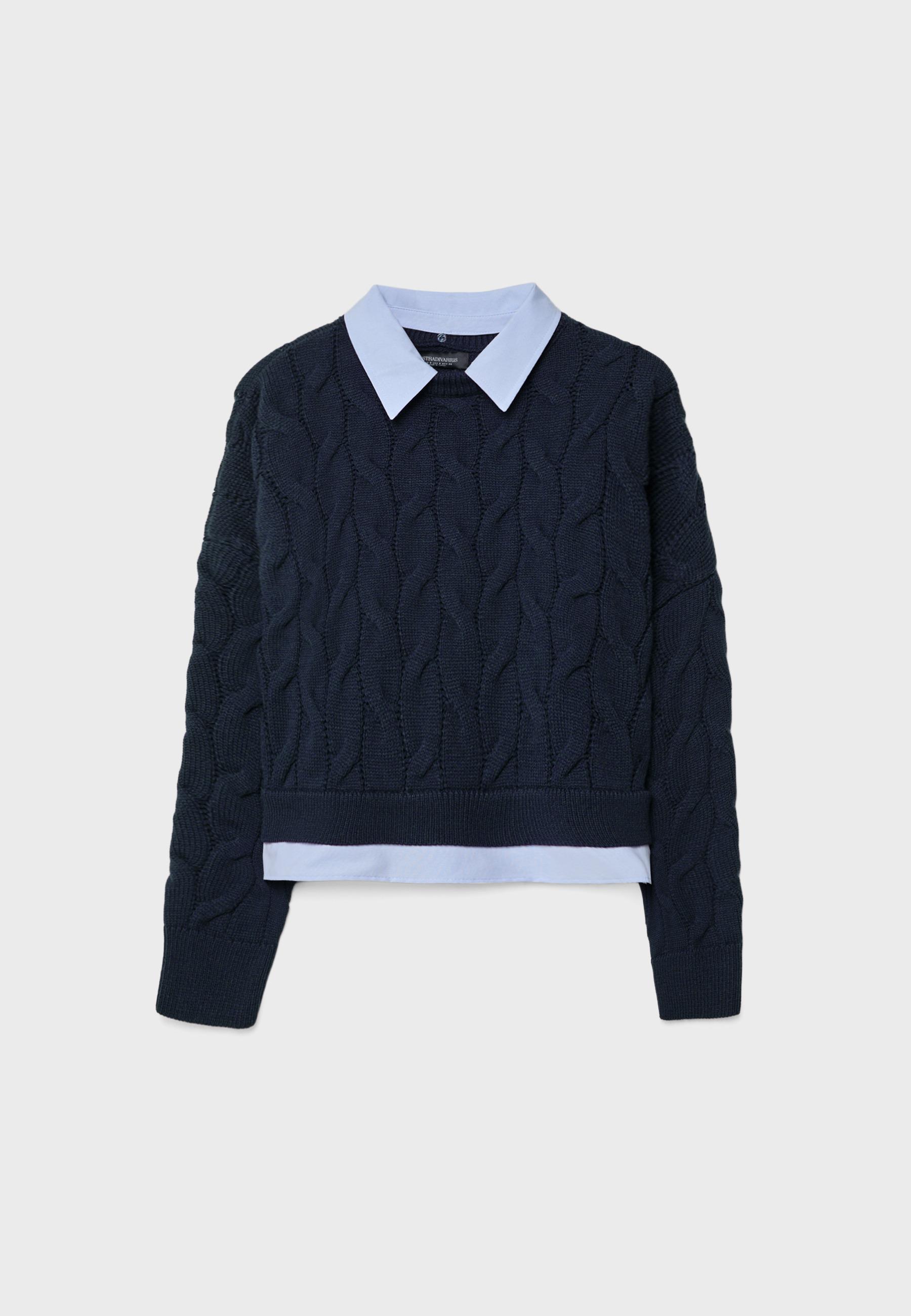 Two-fabric knit sweater with detachable collar — Navy blue