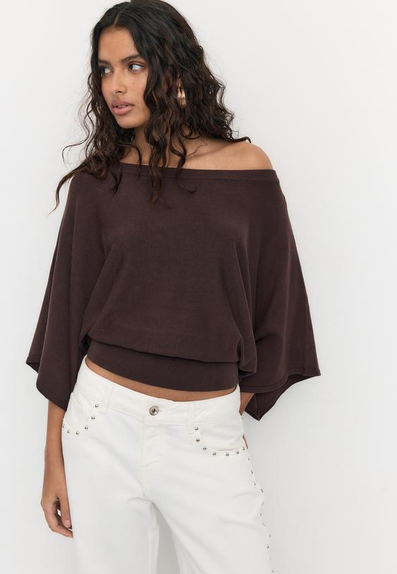 Stradivarius Wide Sleeve Knit Jumper Brown M