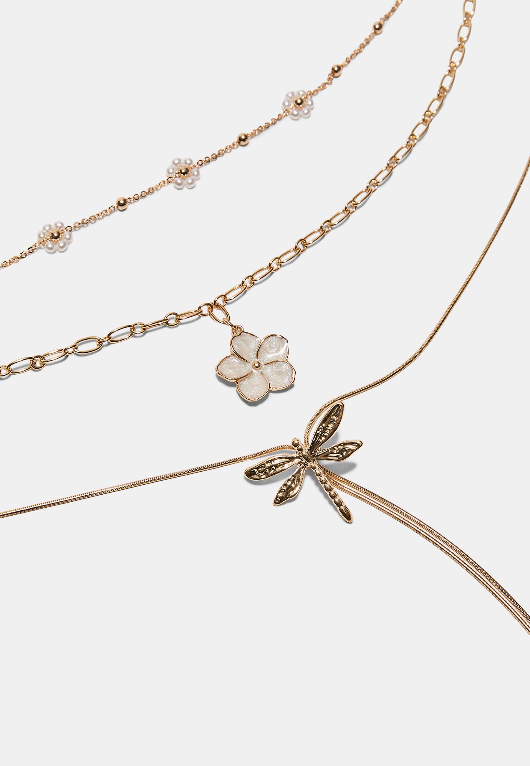 Set of 3 flower and dragonfly necklaces — Gold