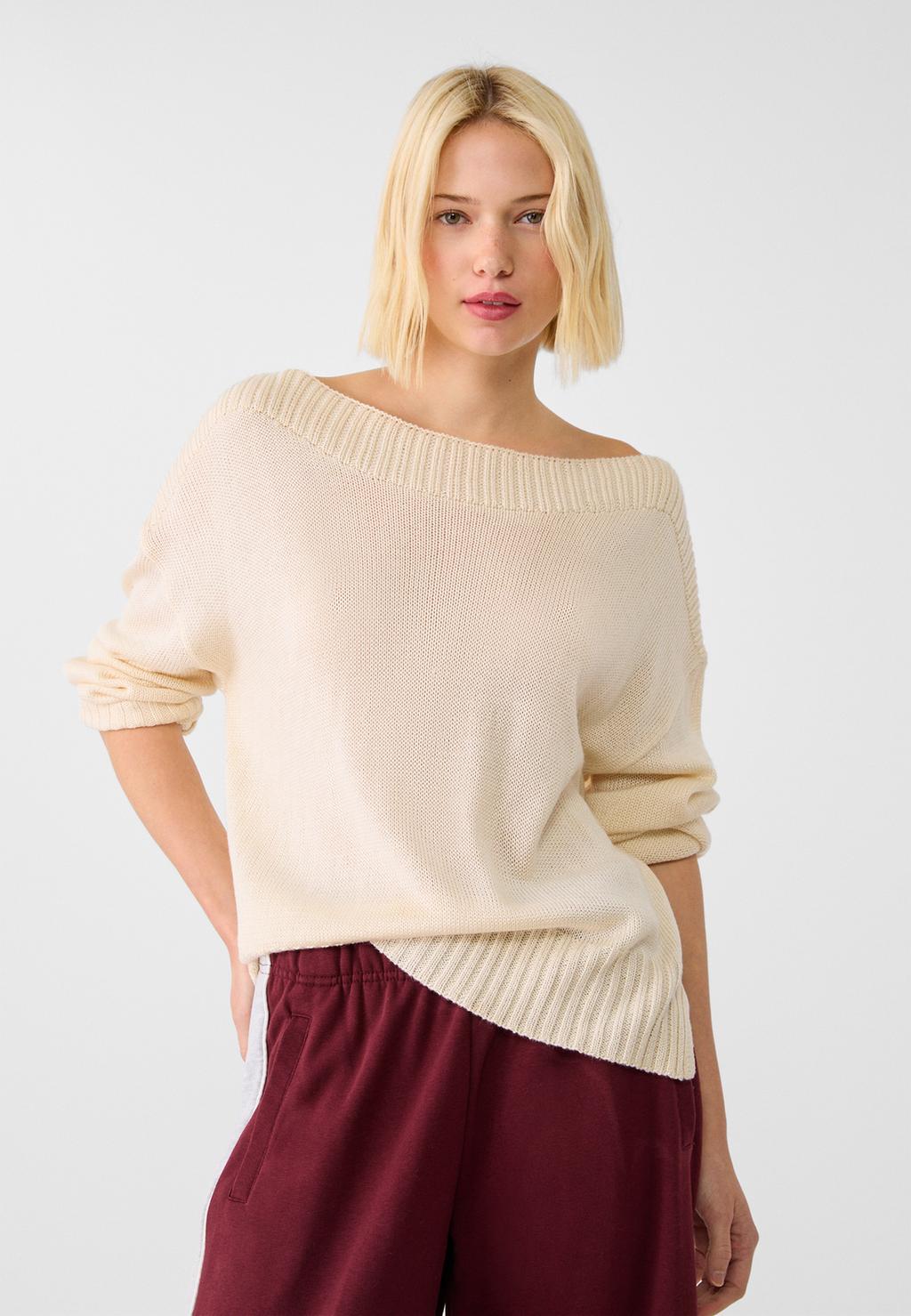 Ribbed knit sweater with boat neck