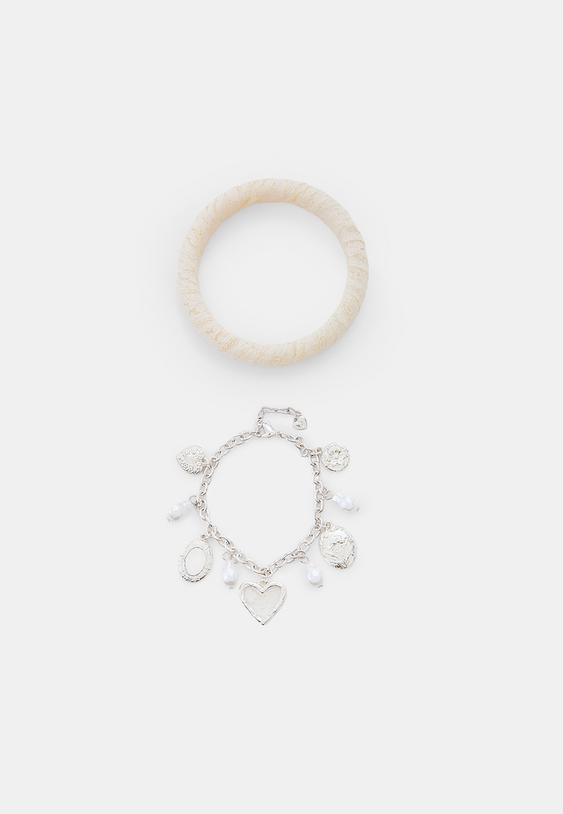 Stradivarius Set Of 2 Contrast Charm Bracelets Grey Os