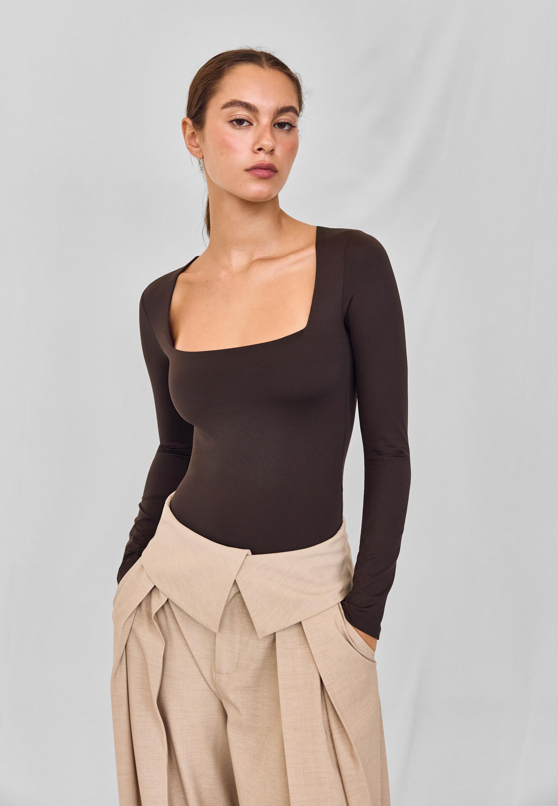 Long sleeve square neck bodysuit — Brown